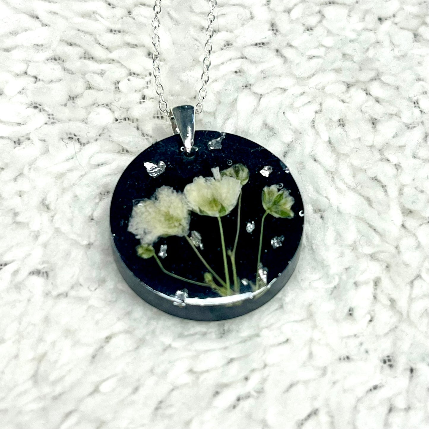 White Gypsophila on Black with Metallic Leaf