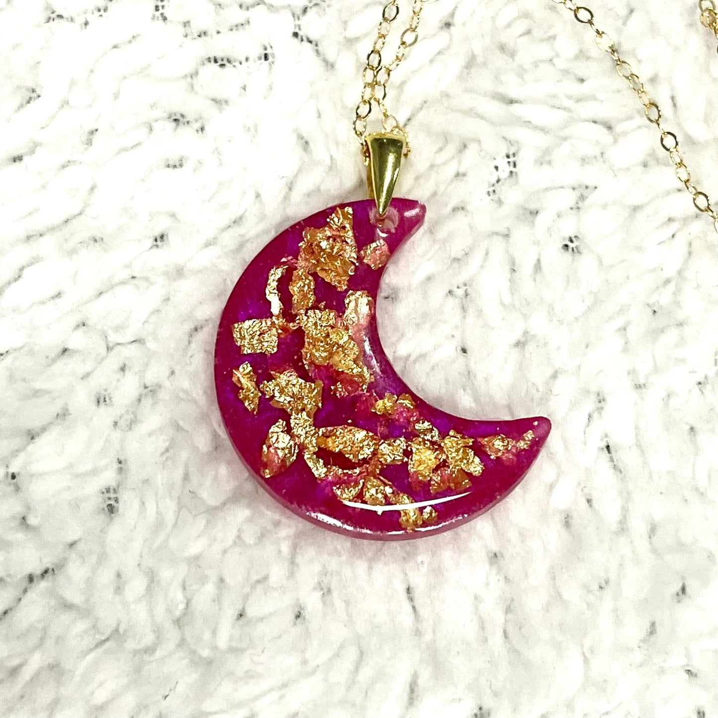 Crescent Moon Necklace with 14k Metalic Leaf