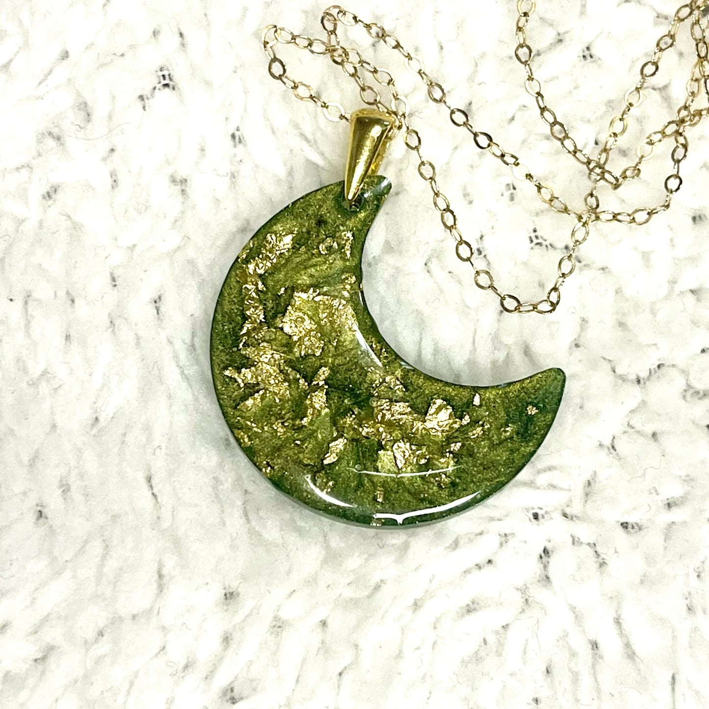 Crescent Moon Necklace with 14k Metalic Leaf
