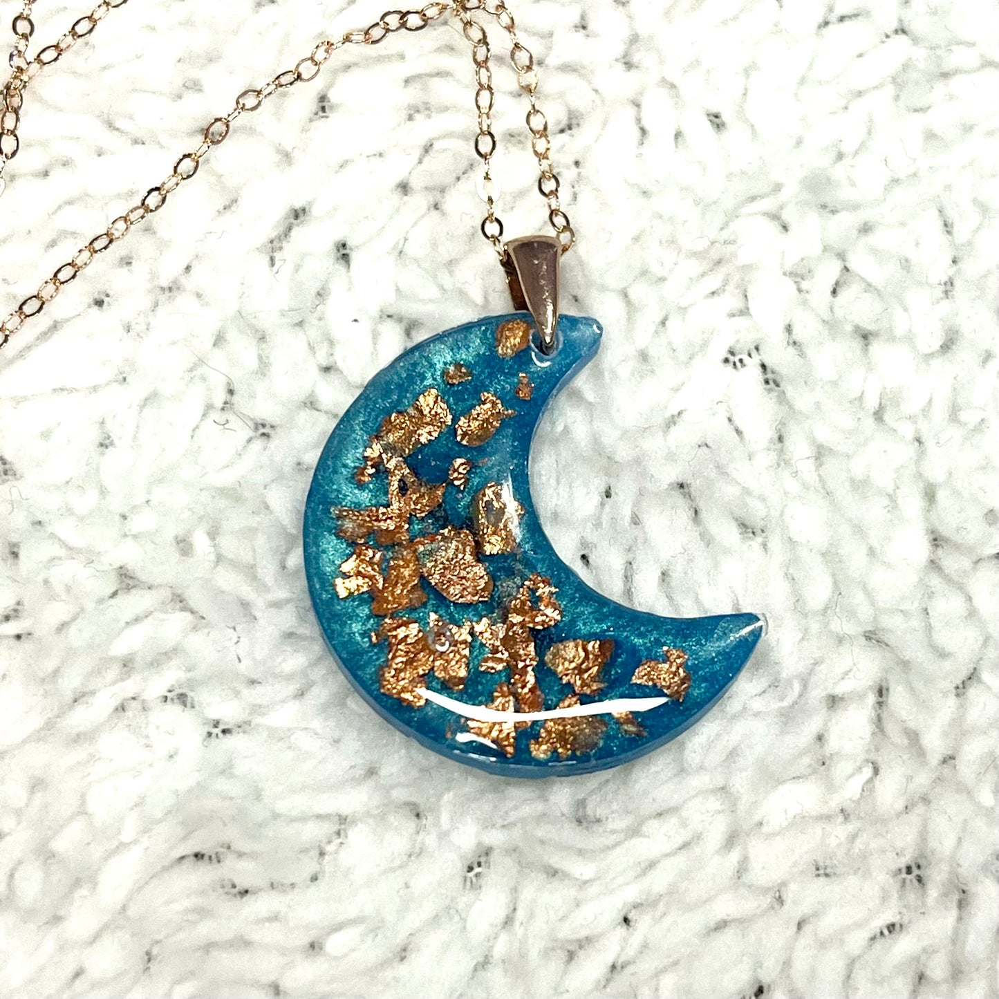 Crescent Moon Necklace with 14k Metalic Leaf