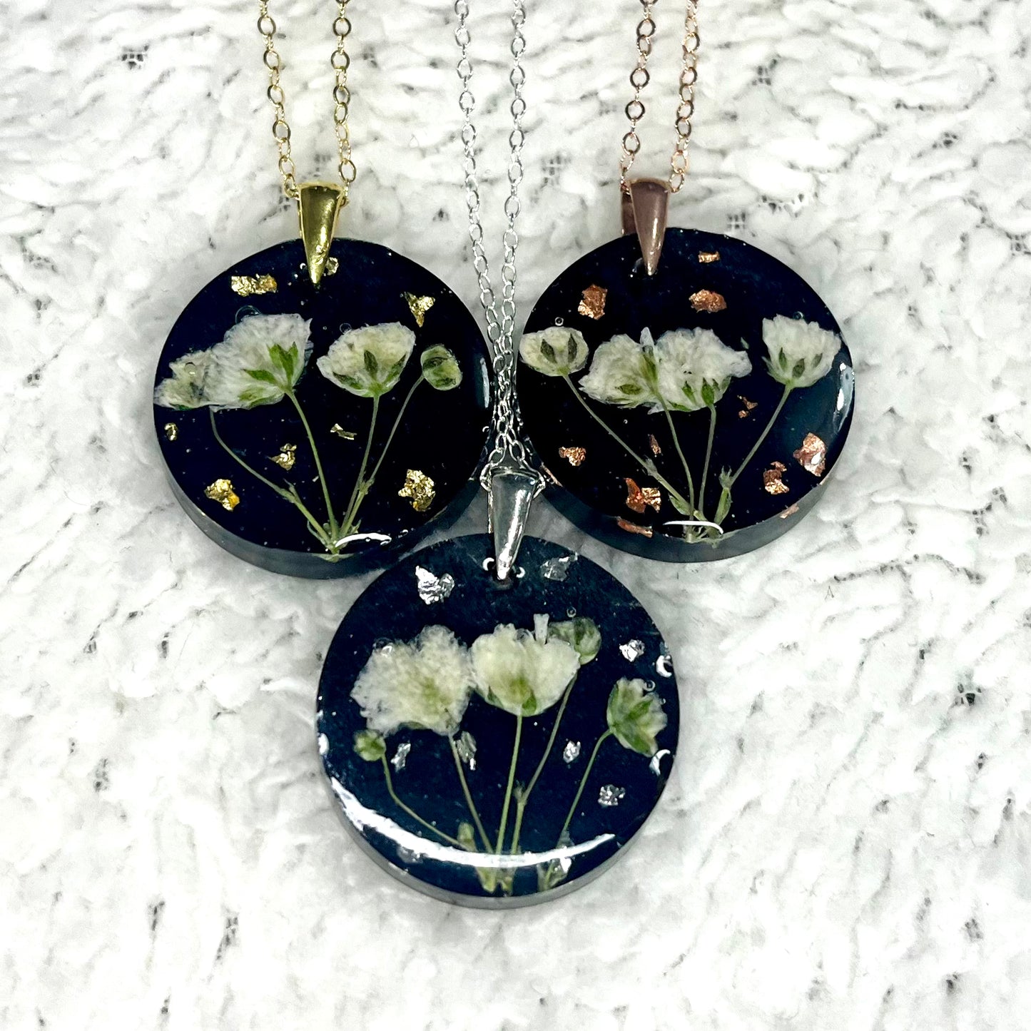 White Gypsophila on Black with Metallic Leaf