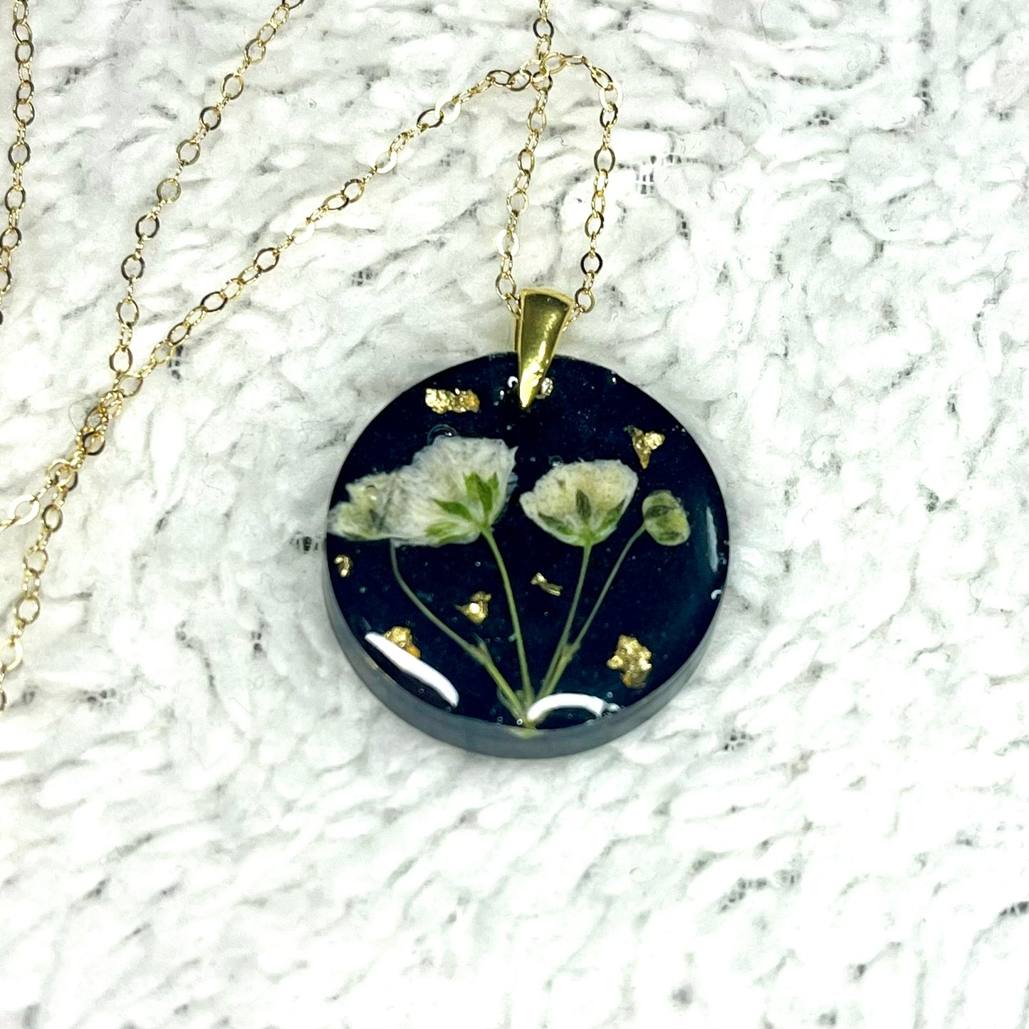 White Gypsophila on Black with Metallic Leaf