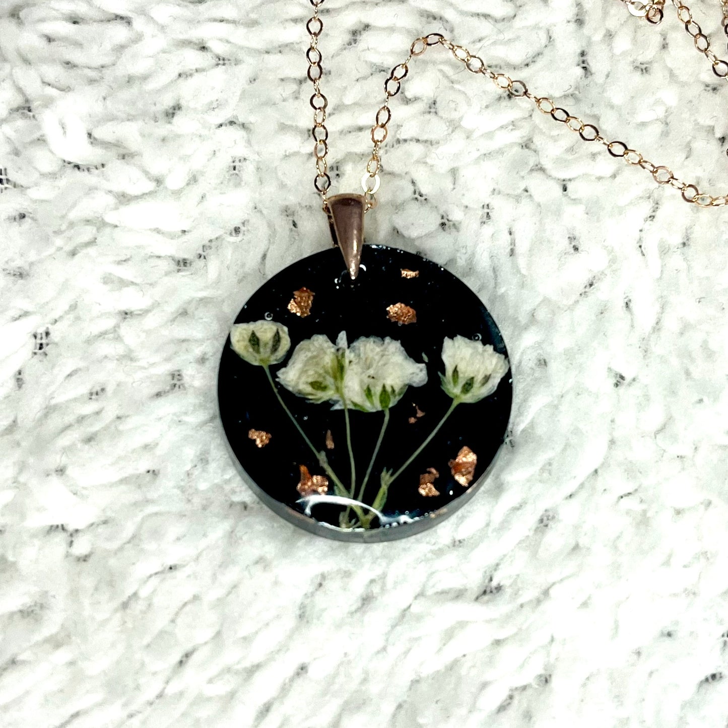 White Gypsophila on Black with Metallic Leaf