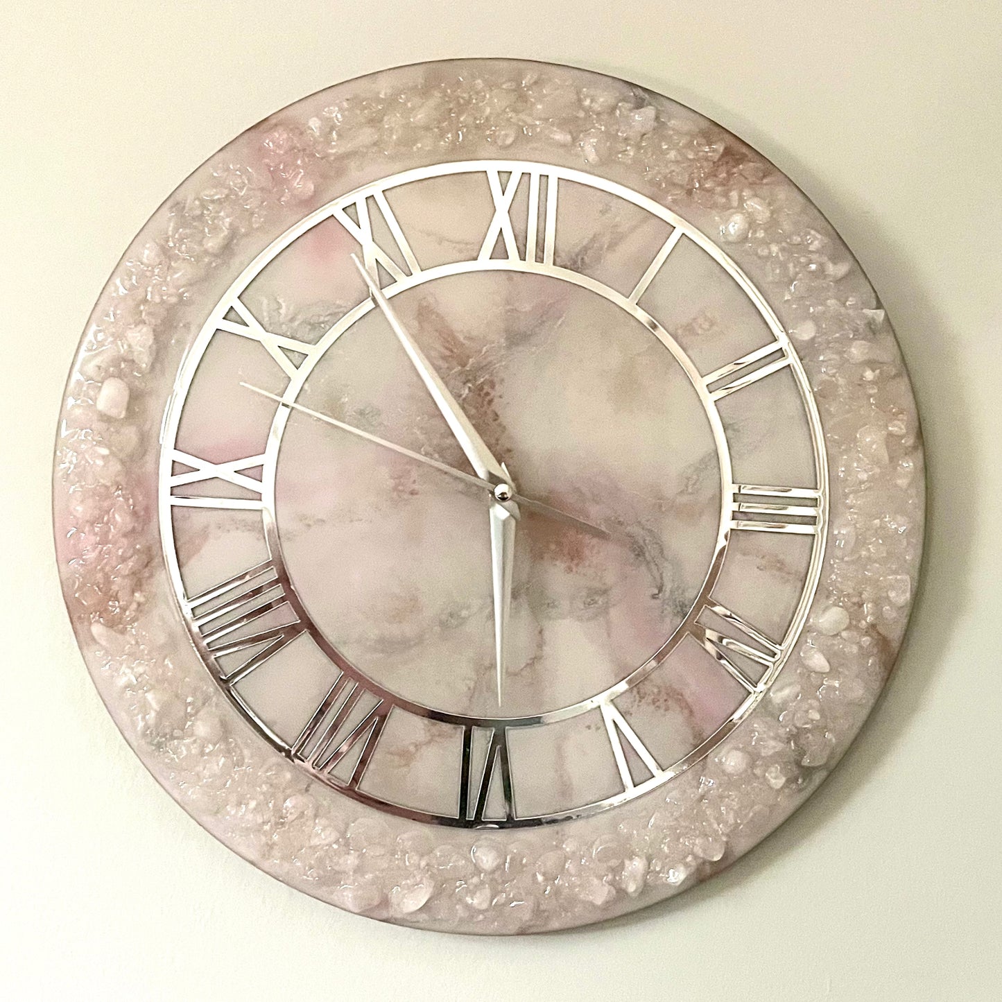 Rose Quarts Pink and Silver Clock