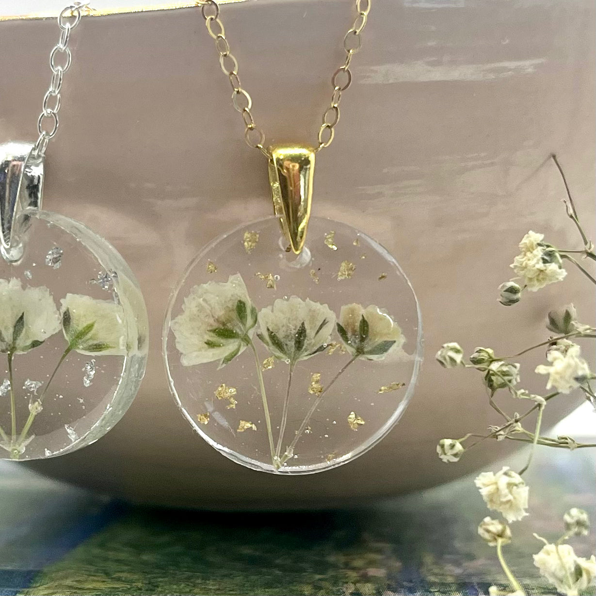 Gypsophila Flower Necklace with Gold Leaf