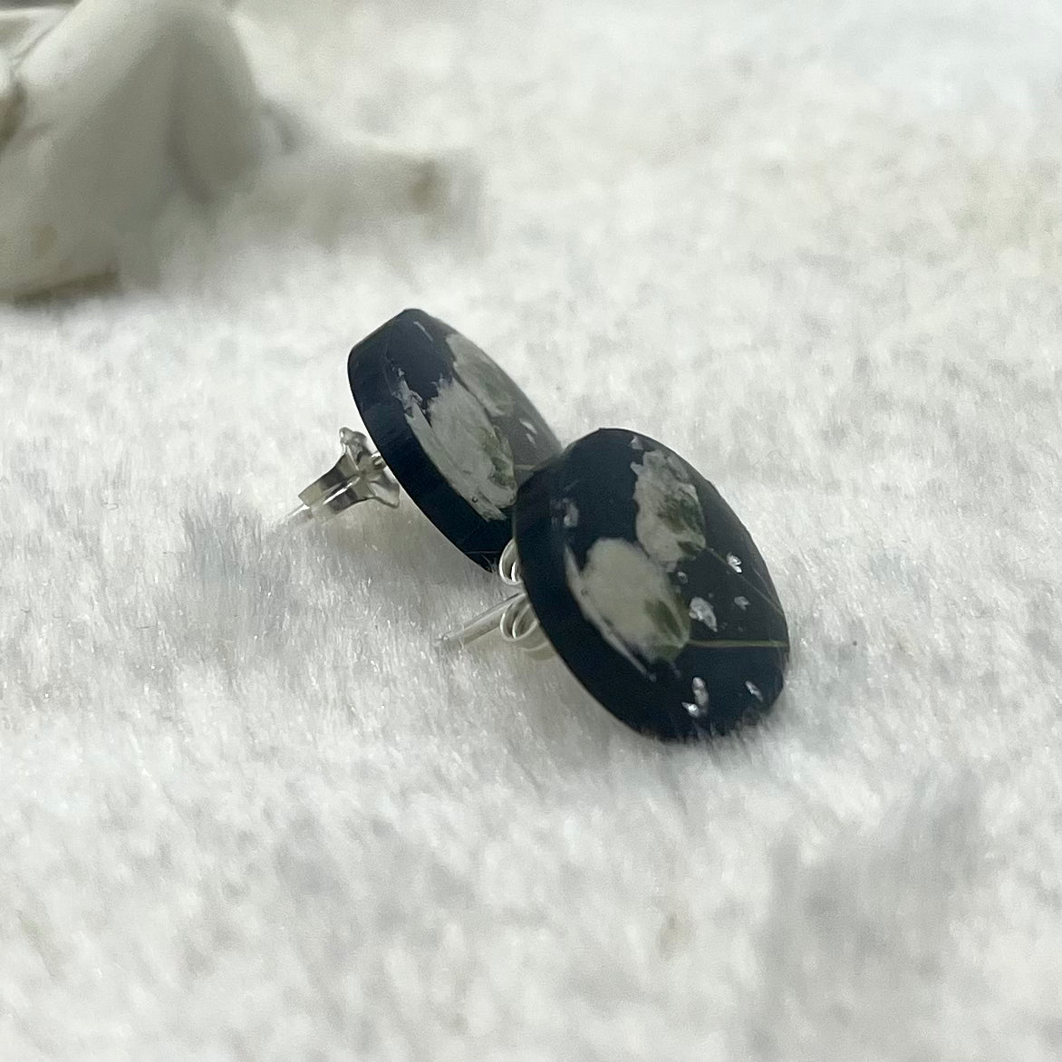 White Gypsophila Black background Earrings