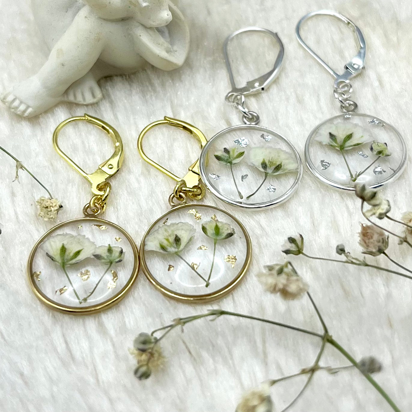 White Gypsophila with Silver or Gold Leaf Earrings