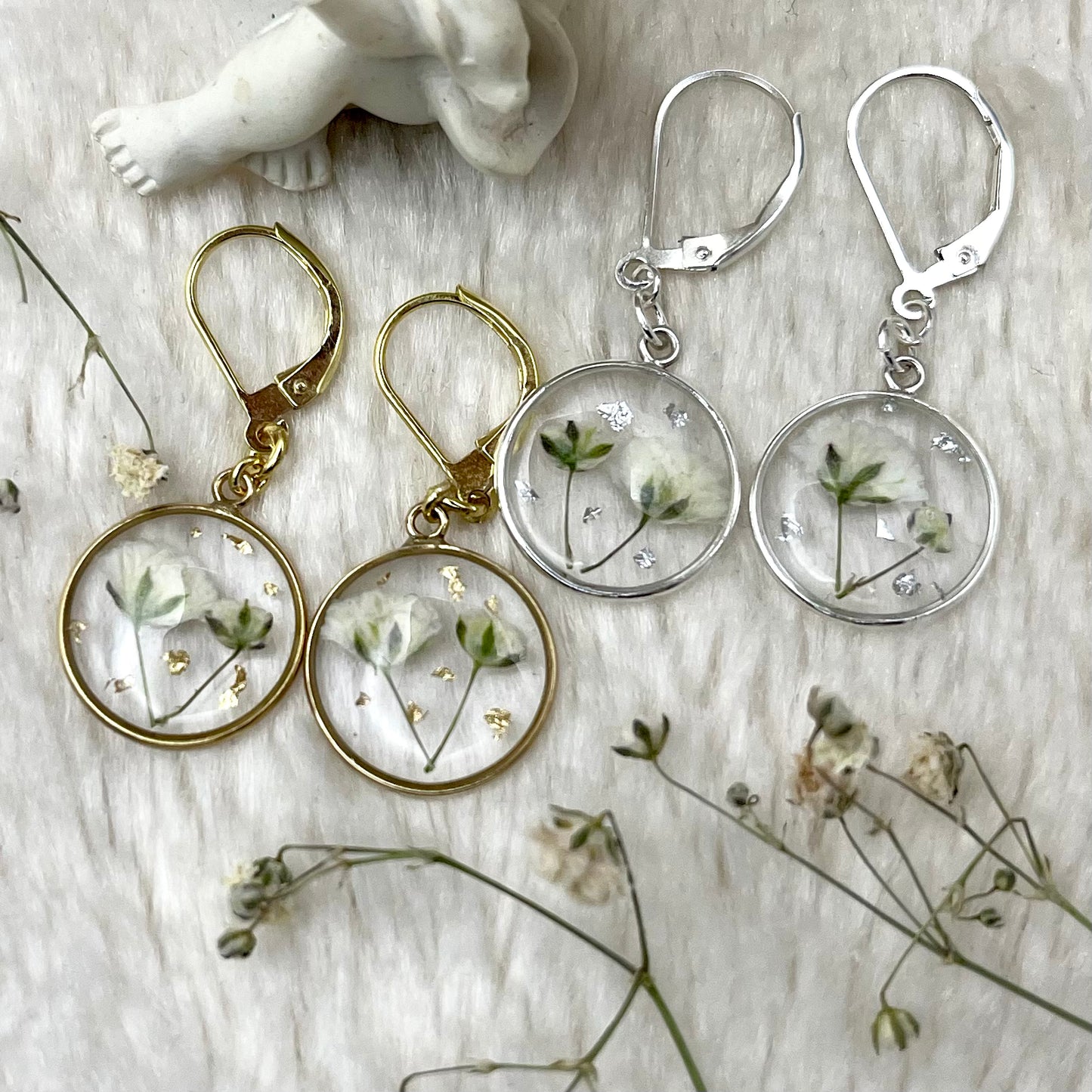 White Gypsophila with Silver or Gold Leaf Earrings
