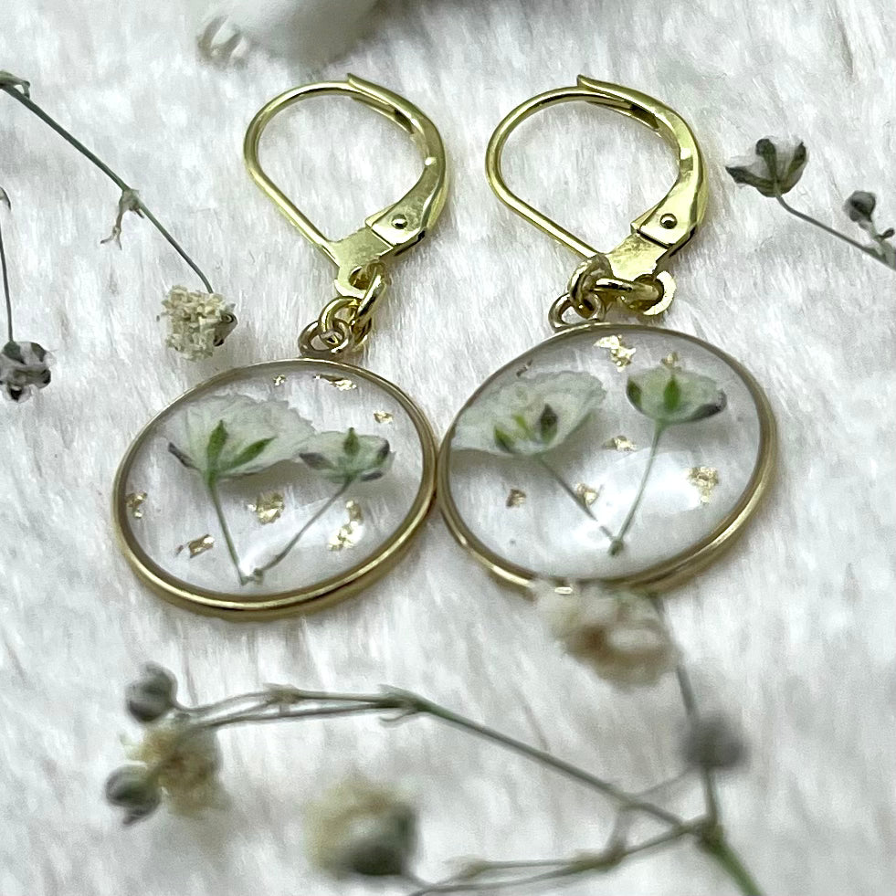 White Gypsophila with Silver or Gold Leaf Earrings