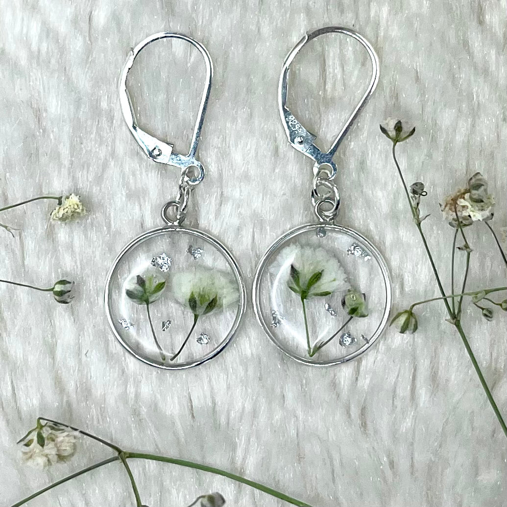 White Gypsophila with Silver or Gold Leaf Earrings