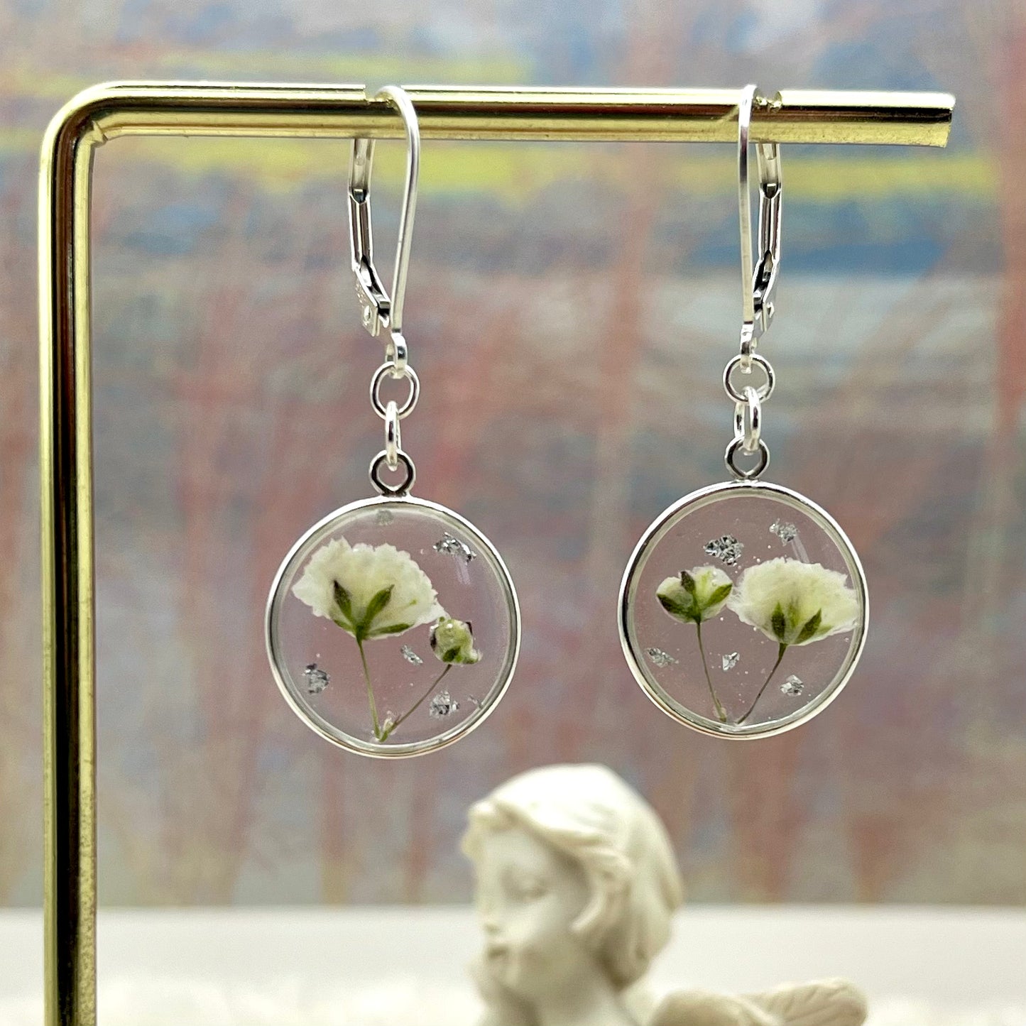 White Gypsophila with Silver or Gold Leaf Earrings