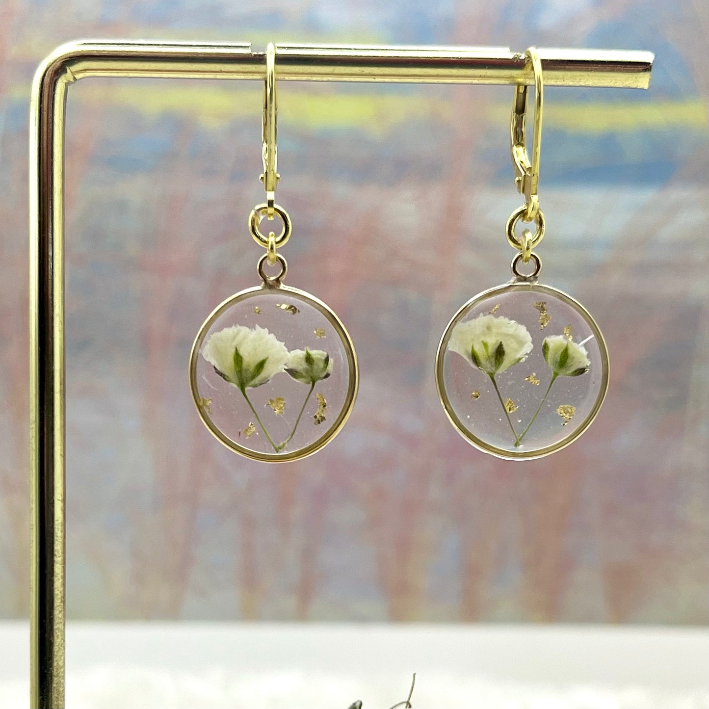 White Gypsophila with Silver or Gold Leaf Earrings