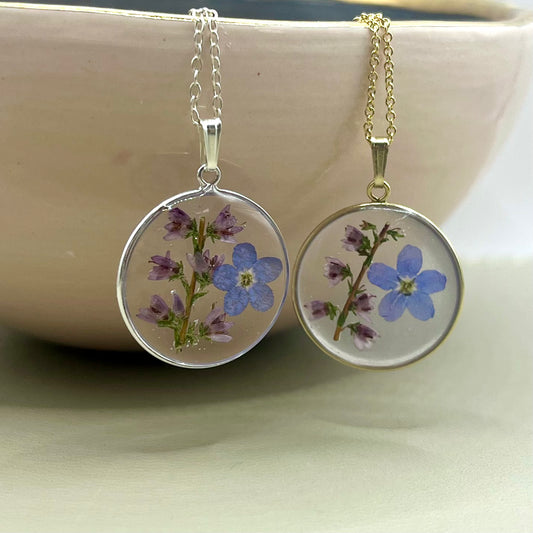 Delicate Heather & Forget me not Flower Necklace