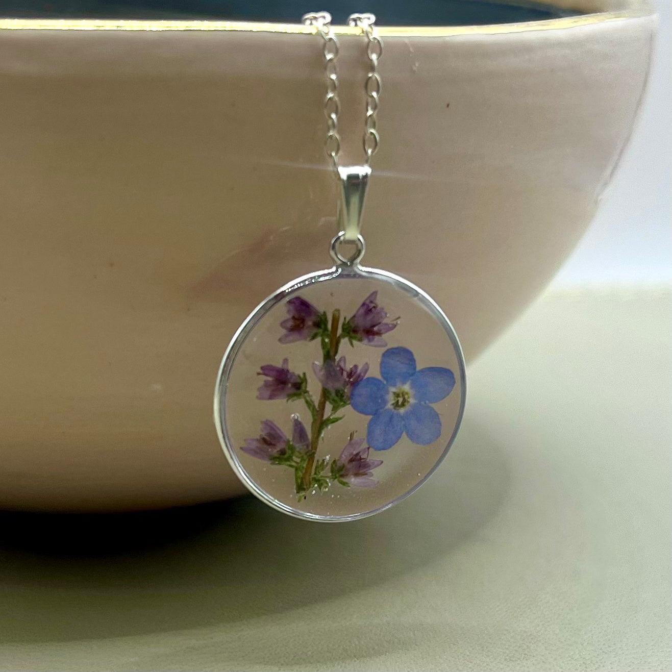 Delicate Heather & Forget me not Flower Necklace